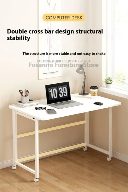 Bureau pliable blanc compact avec roulettes pour bureau à domicile