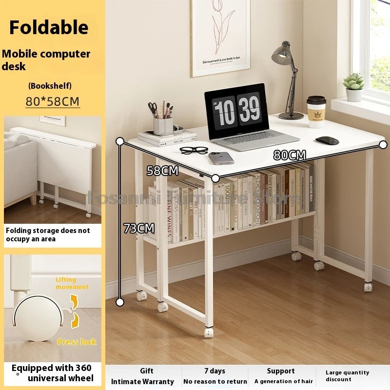 Bureau pliable blanc compact avec roulettes pour bureau à domicile