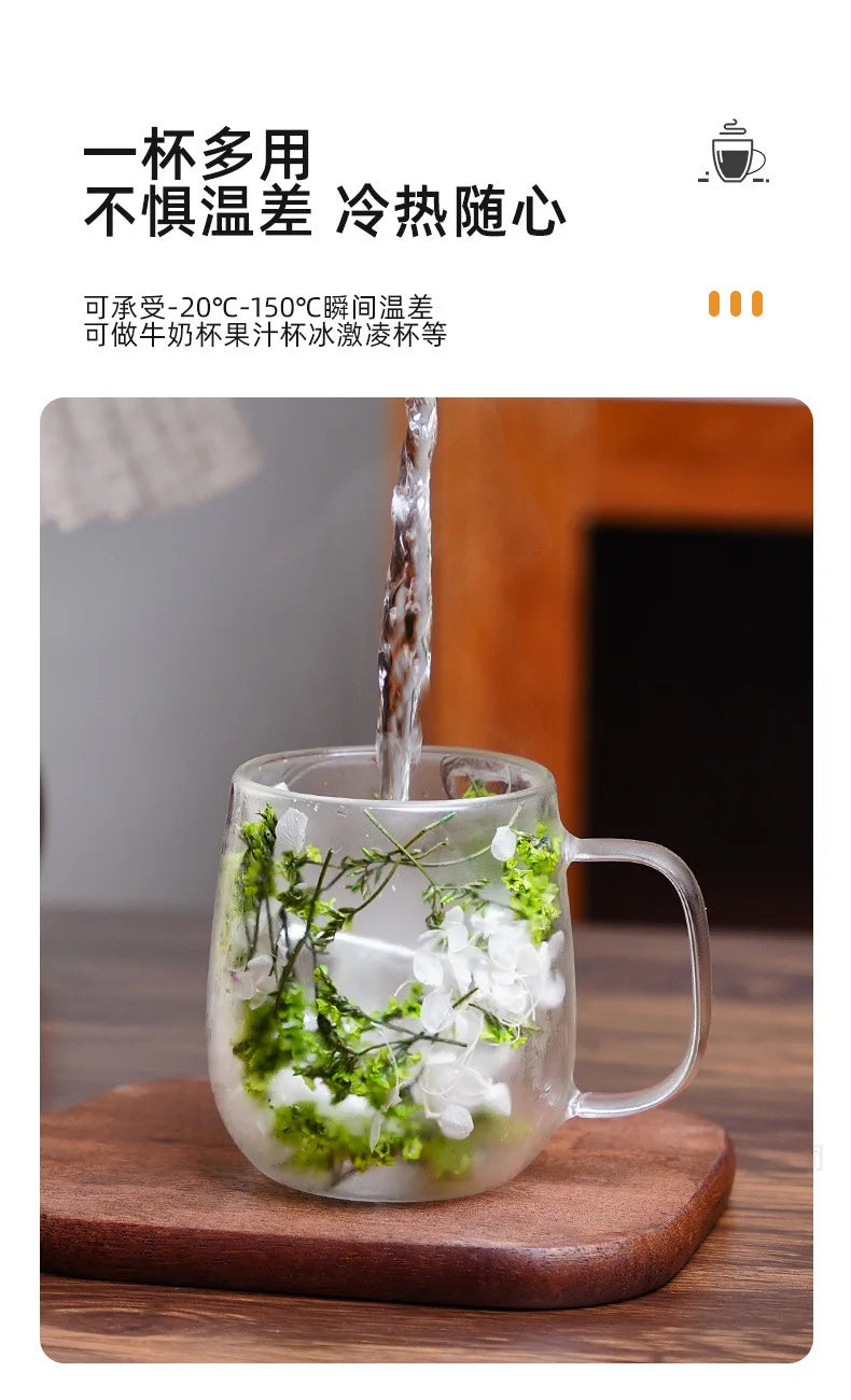 Tasse Anti-brûlure Double Couche Fleur Séchée Créative pour Bureau