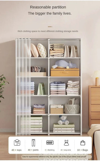 Armoire polyvalente anti-poussière avec rideaux et étagères