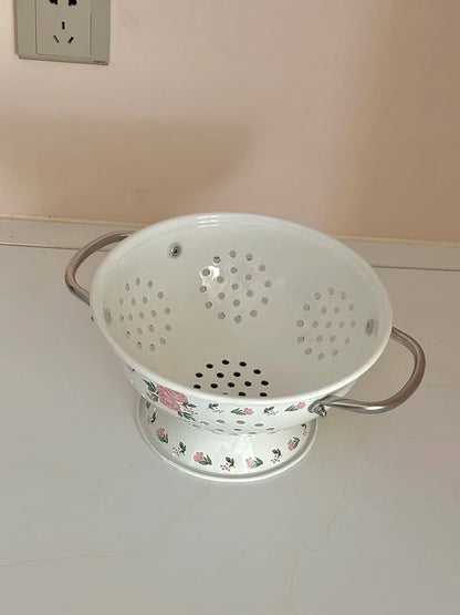 Panier à fruits vintage en émail rose - Élégance pour la cuisine