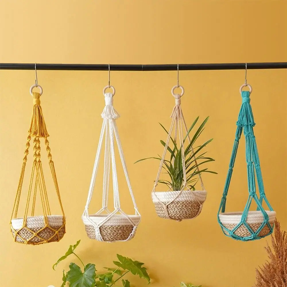 Porte-plante en macramé beige fait main pour intérieur et balcon