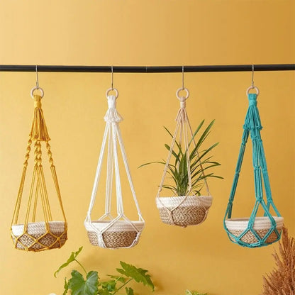 Porte-plante en macramé beige fait main pour intérieur et balcon