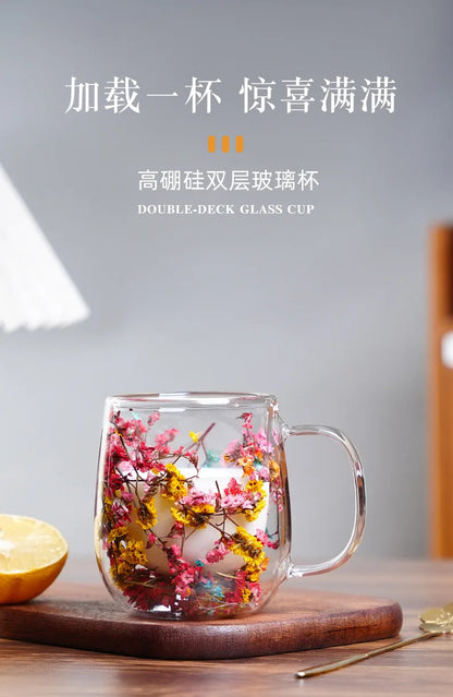 Tasse Anti-brûlure Double Couche Fleur Séchée Créative pour Bureau