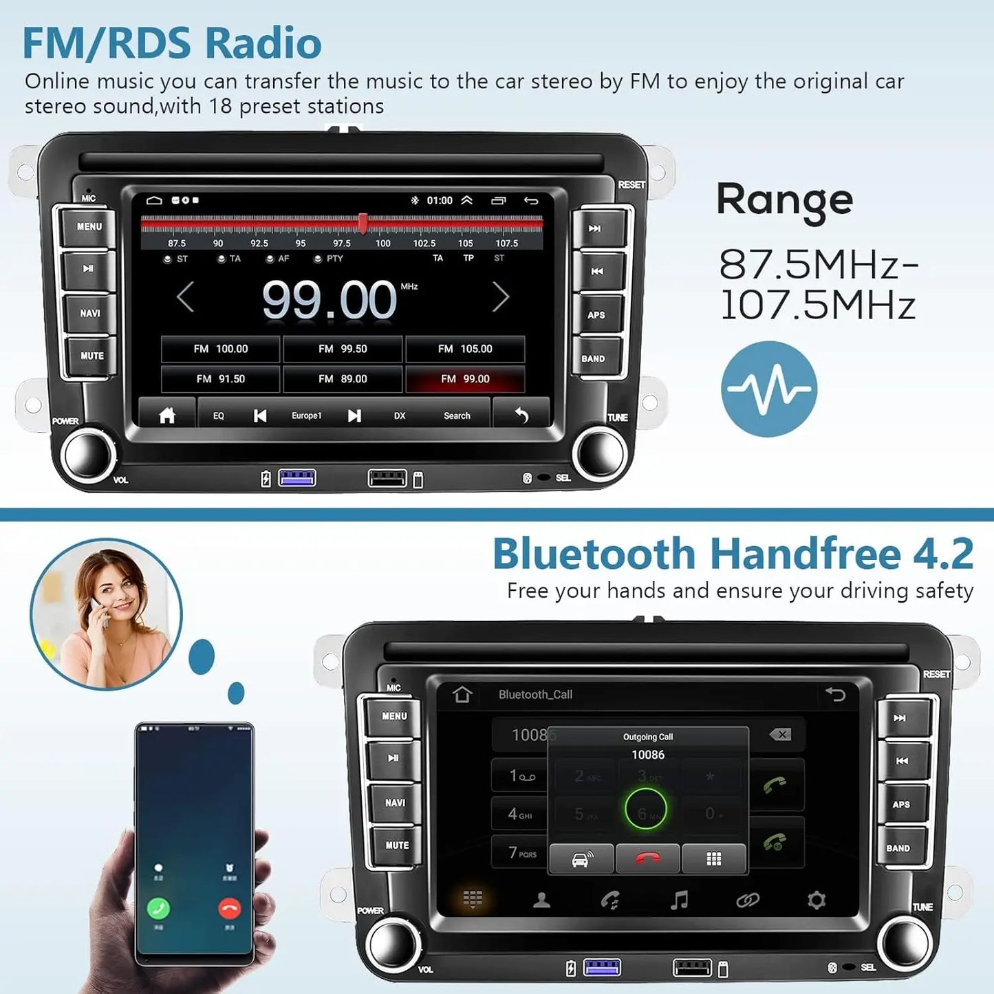 Autoradio Android 7" GPS Carplay pour VW, Seat, Audi - 2Din