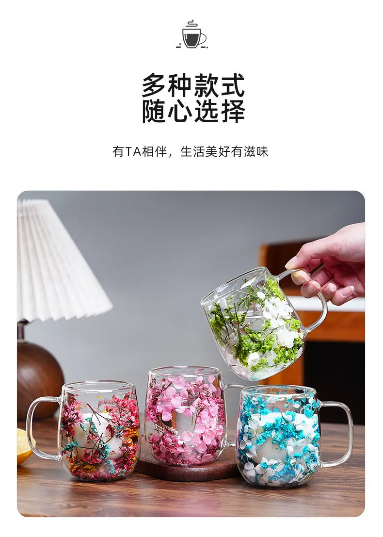 Tasse Anti-brûlure Double Couche Fleur Séchée Créative pour Bureau