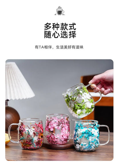 Tasse Anti-brûlure Double Couche Fleur Séchée Créative pour Bureau