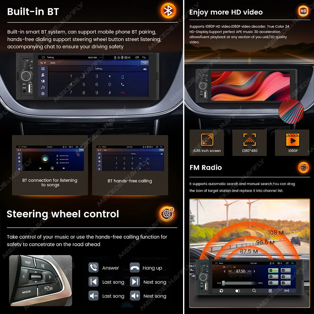 Autoradio 1Din sans fil CarPlay & Android Auto - Écran 6.86'' HD