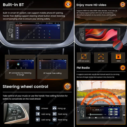 Autoradio 1Din sans fil CarPlay & Android Auto - Écran 6.86'' HD