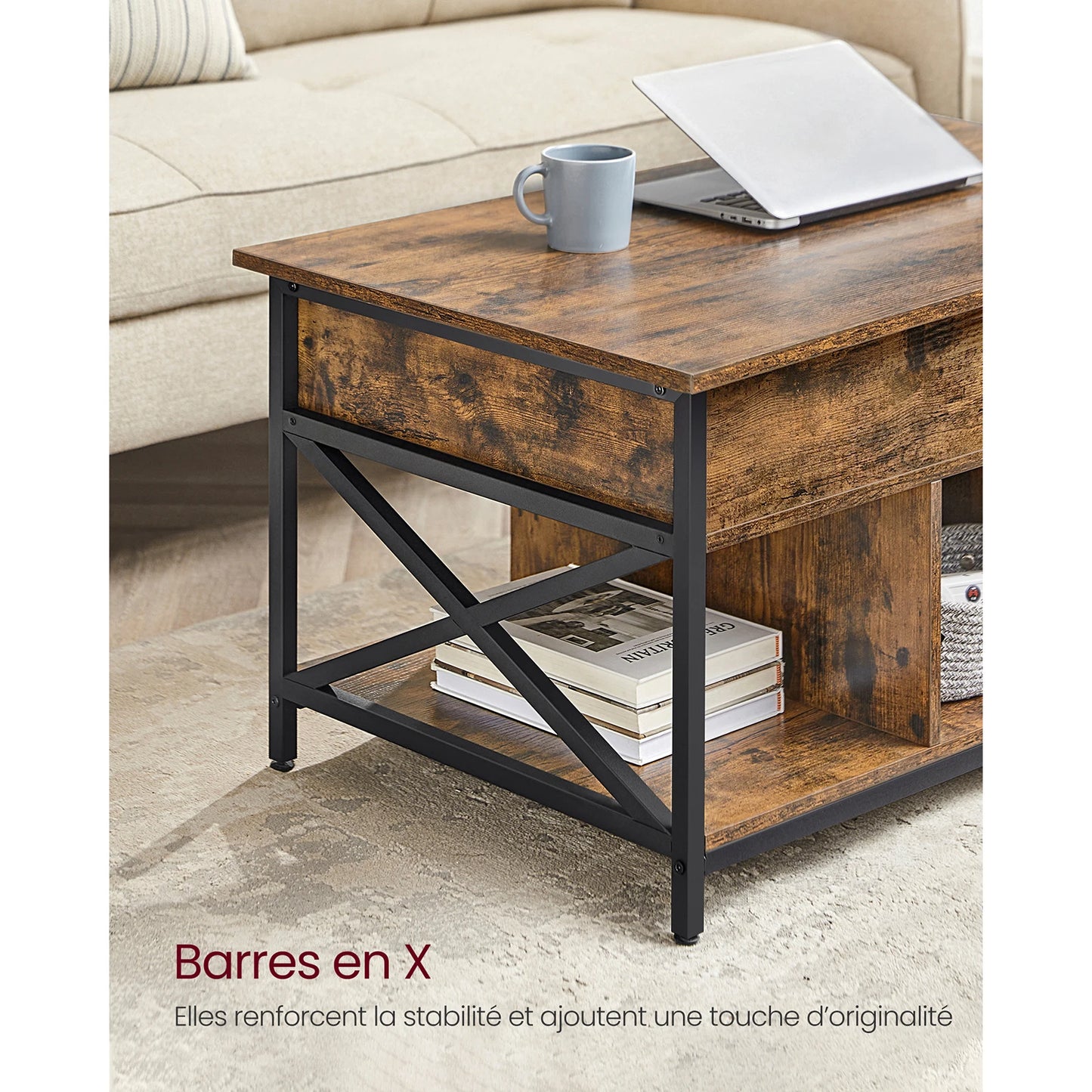Table Basse VASAGLE avec Plateau Relevable et Rangement Pratique