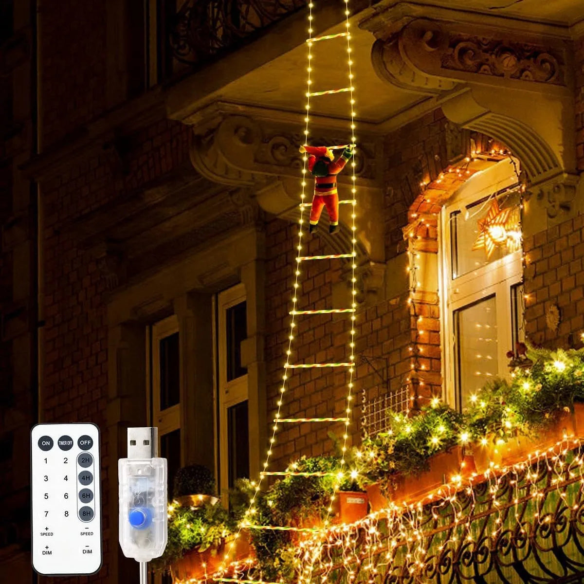 Décoration Noël LED Père Noël Escalade 1.5M - 8 Modes USB