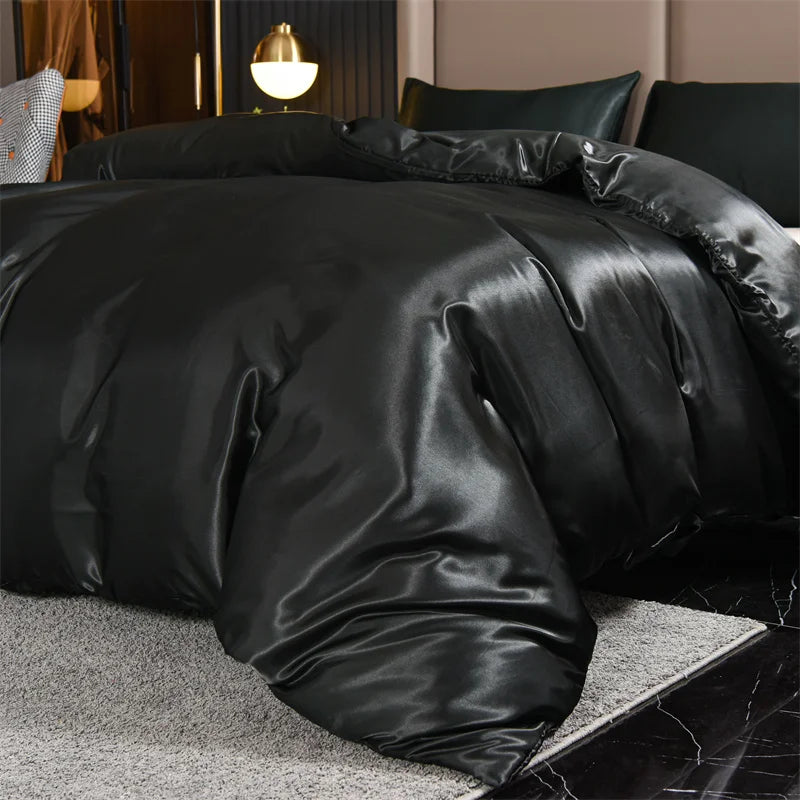 Housse de Couette Satin 3 pièces Queen Noir - Luxe & Douceur