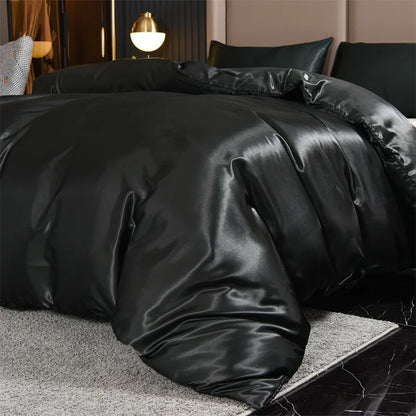 Housse de Couette Satin 3 pièces Queen Noir - Luxe & Douceur