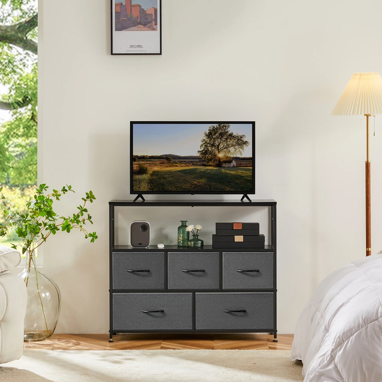 Commode TV JHK avec 5 tiroirs en tissu - Rangement élégant chambre