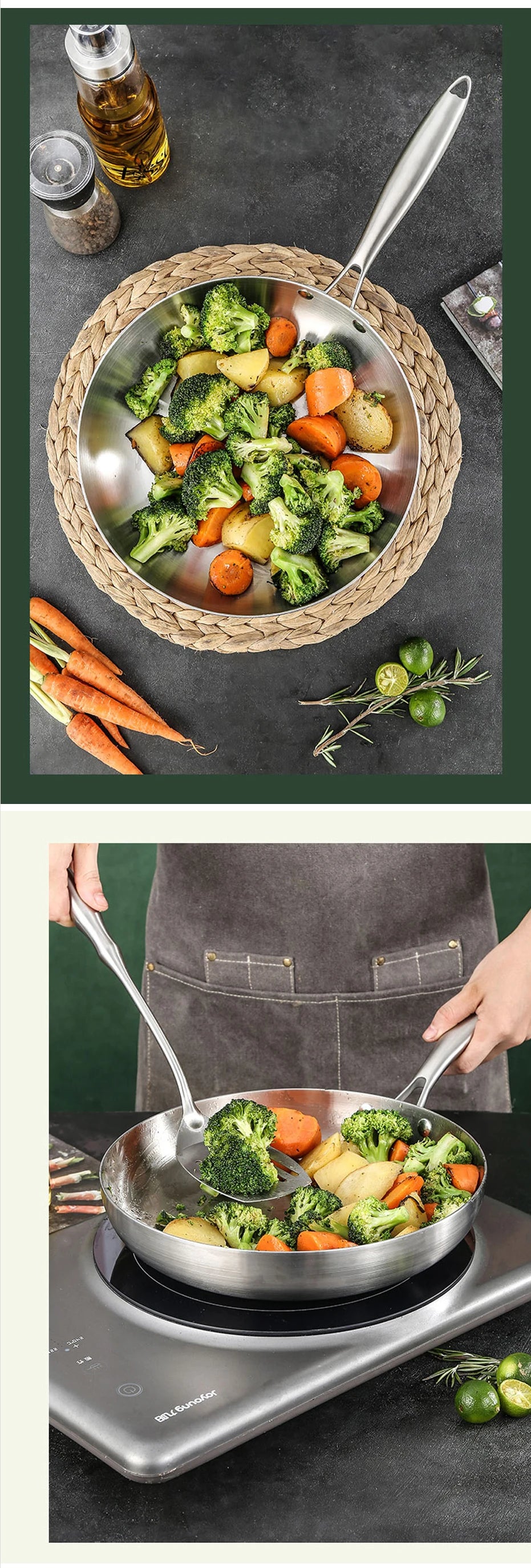 Poêle à frire en inox 304 antiadhésive pour cuisinière à gaz et induction