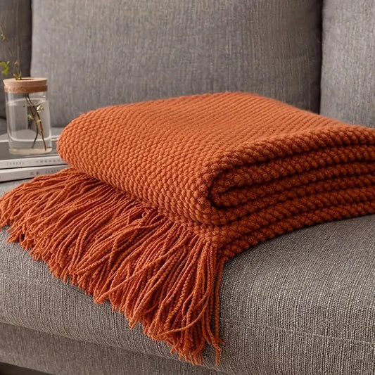 Plaid Vintage Orange Rouge Tricoté avec Glands - Confort Luxe