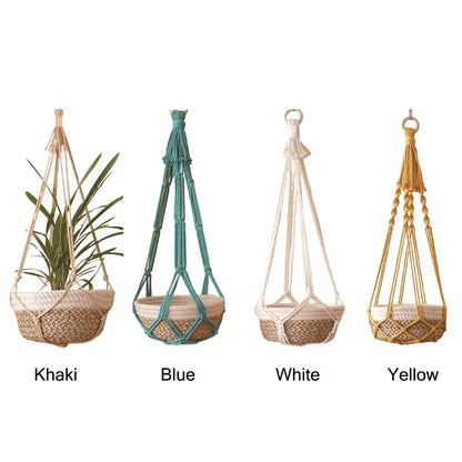Porte-plante en macramé beige fait main pour intérieur et balcon