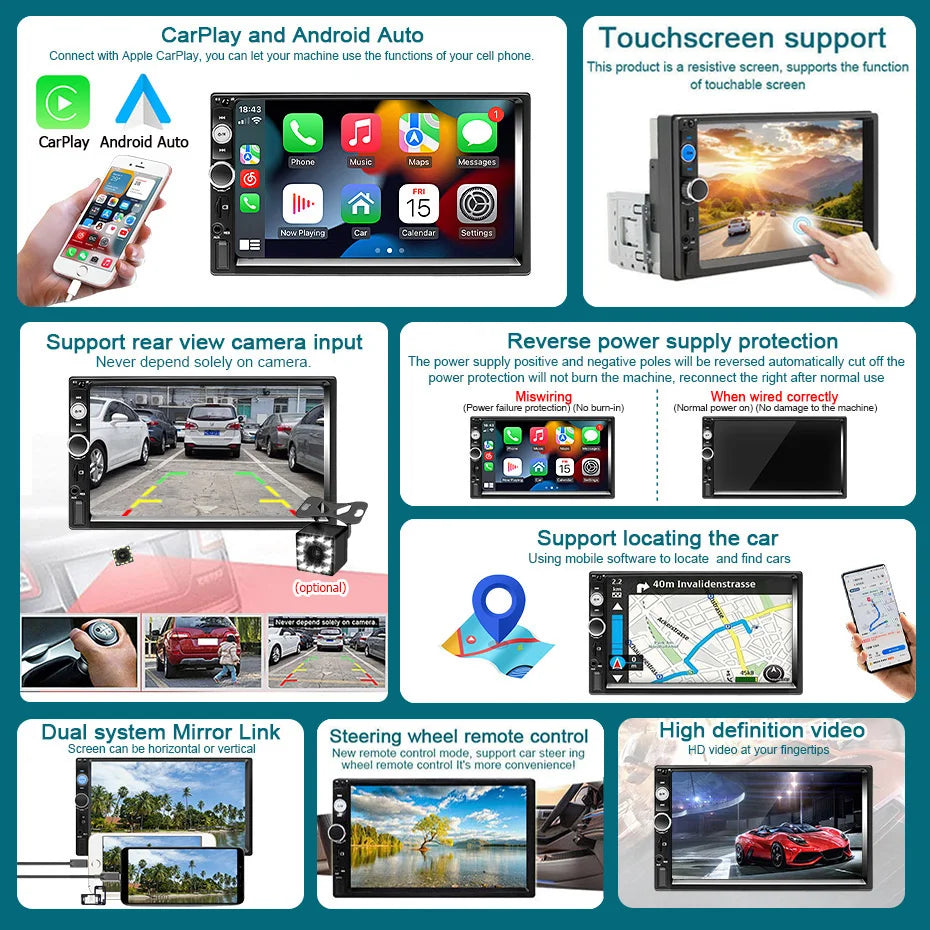 Autoradio 7 pouces 1 Din Carplay & Android Auto - Écran Tactile HD
