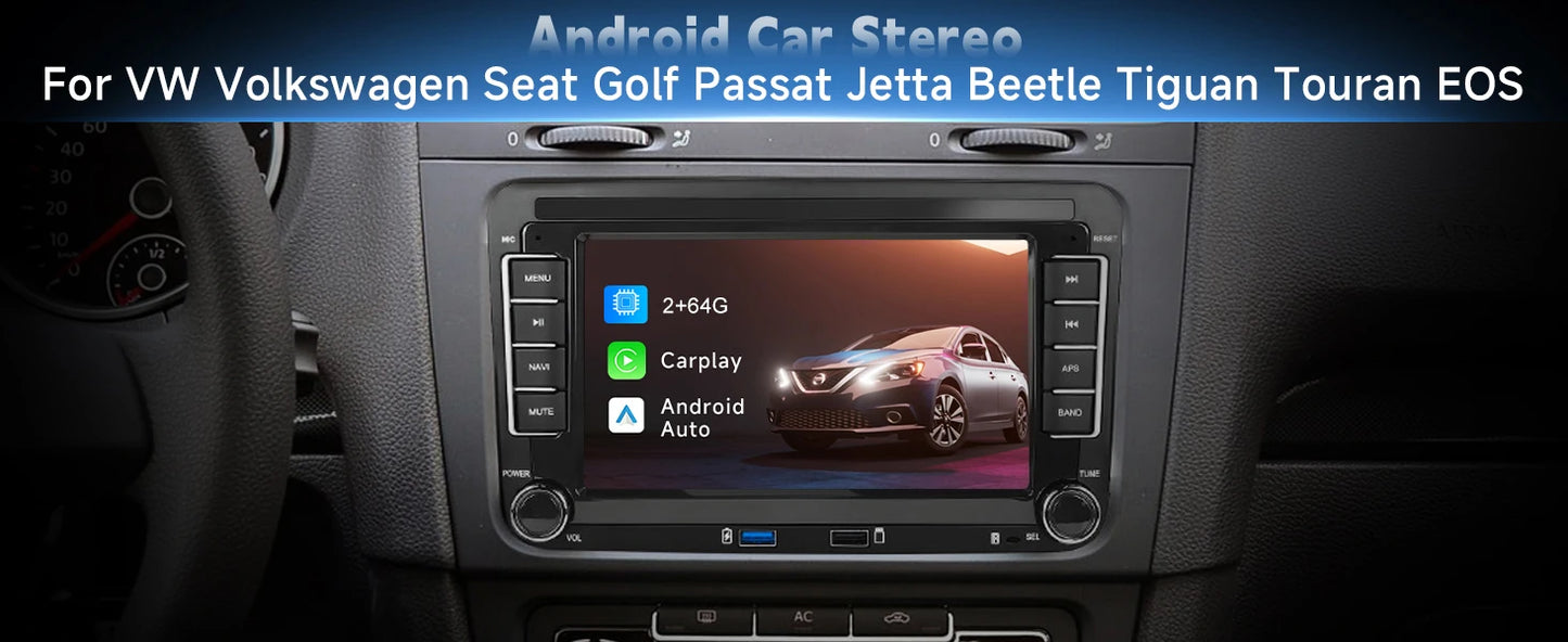 Autoradio Android 7" GPS Carplay pour VW, Seat, Audi - 2Din