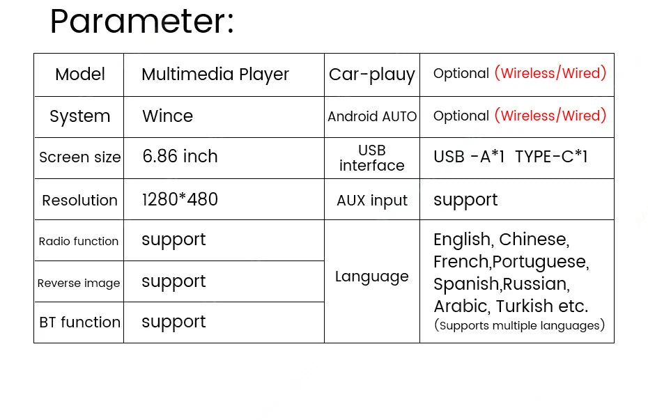 Autoradio 1Din sans fil CarPlay & Android Auto - Écran 6.86'' HD