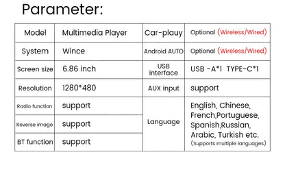 Autoradio 1Din sans fil CarPlay & Android Auto - Écran 6.86'' HD