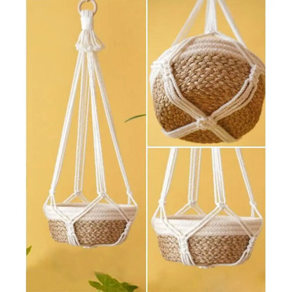 Porte-plante en macramé beige fait main pour intérieur et balcon