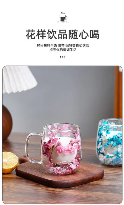 Tasse Anti-brûlure Double Couche Fleur Séchée Créative pour Bureau