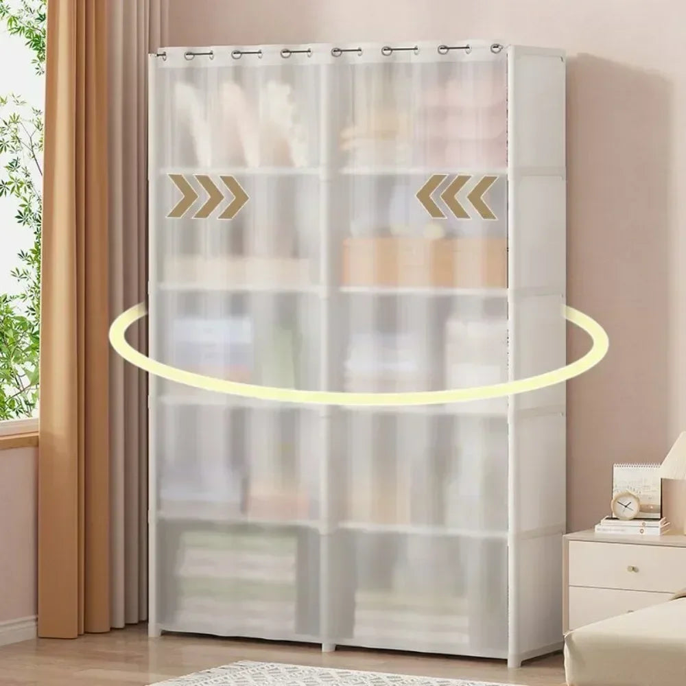 Armoire polyvalente anti-poussière avec rideaux et étagères