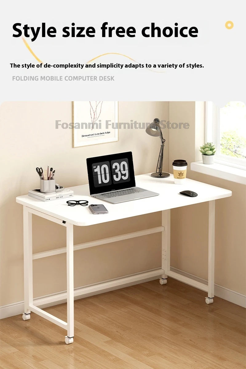 Bureau pliable blanc compact avec roulettes pour bureau à domicile