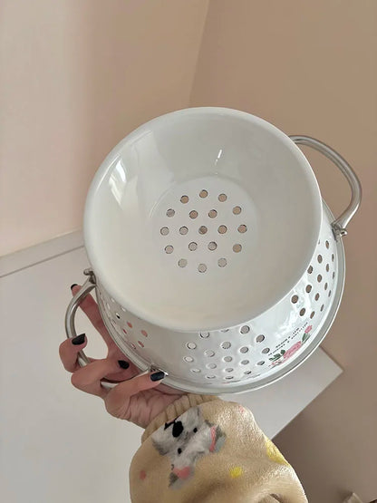 Panier à fruits vintage en émail rose - Élégance pour la cuisine