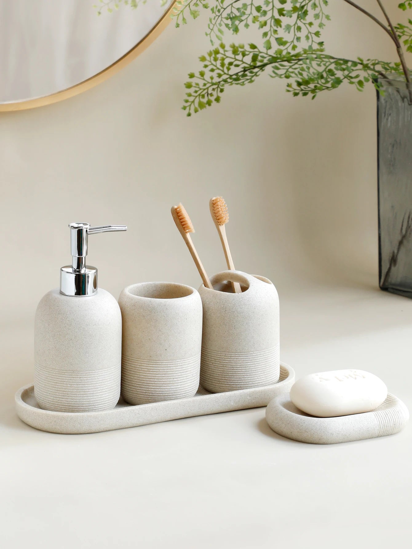 Ensemble d'accessoires de salle de bain 5 pièces - Beige et gris