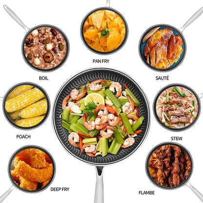 Poêle à Frire Antiadhésive en Acier Inoxydable avec Couvercle - Compatible Induction