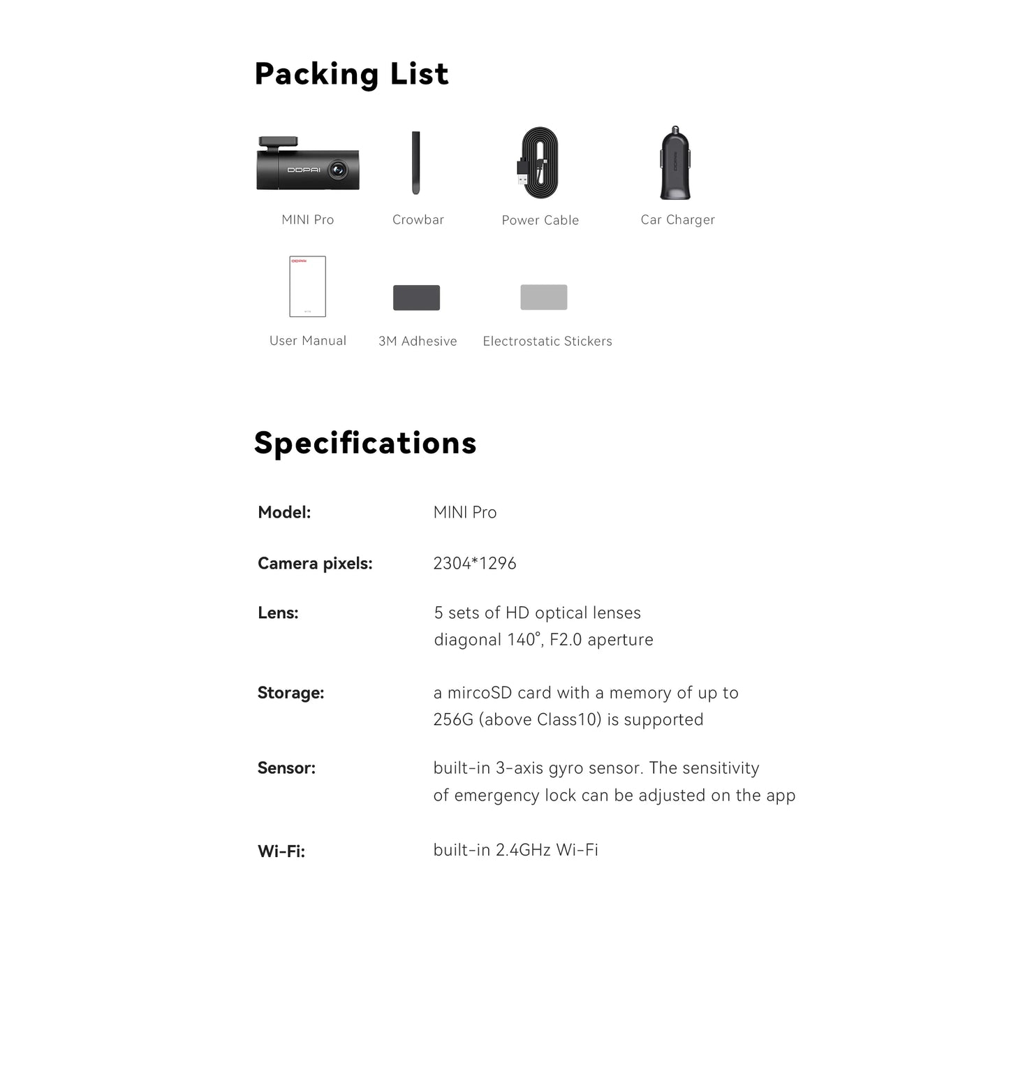 DDPAI Mini Pro 1296P Dash Cam - Caméra DVR WiFi pour Voiture